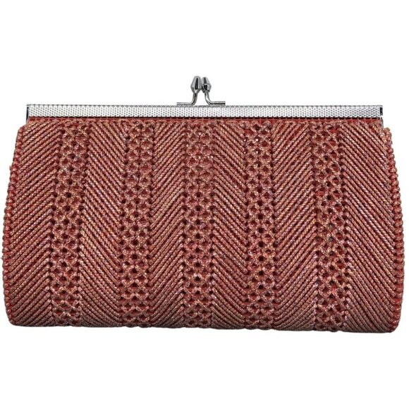 Pink Salmon shade sparkly crochet Metallic Clutch handheld clasp Purse - Picture 1 of 13
